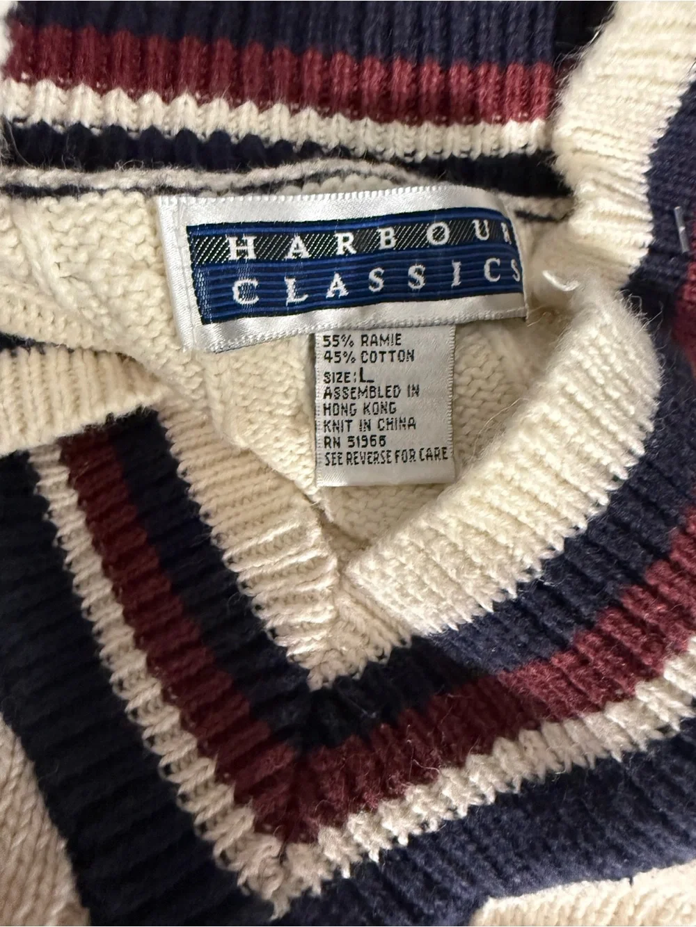 Classic Men's V-Neck Cable Knit Sweater in Cream with Navy & Maroon Trim